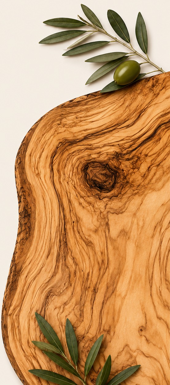 Close-up of an olive wood board's natural grain, with an olive branch sprig