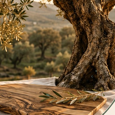 An olive wood chopping board resting beneath an old olive tree, with an olive branch sprig laid across it